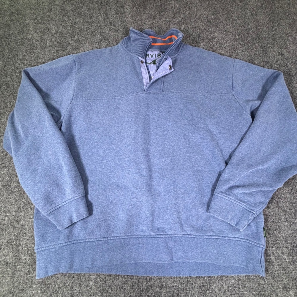 Orvis Mens XL Blue Quarter Zip Snap Pullover Sweatshirt Orange Stripe Collar